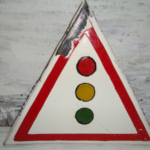 Vintage mini educational enamel sign is “Traffic light” Bright red and white industrial wall decor