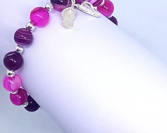 Pink Agate & Sterling Silver Flip Flop Charm Stretch Bracelet