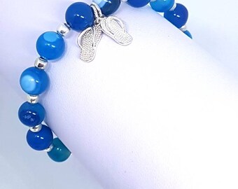 Blue Agate & Sterling Silver Flip Flop Charm Stretch Bracelet