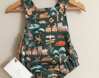 Gender Neutral Modern Baby Romper made in Aussie Animal print Fabric. One size 000 left in stock