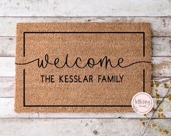 Welcome mat, door mat,  entrance mat, cute, welcome, family name, last name, family, custom, made to order, calligraphy
