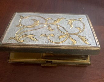 Mid century retro Vintage Clover Musical powder compact gold white colour floral design collectible