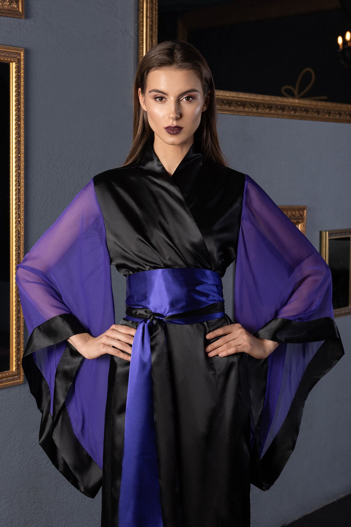 Kimono Black Silk Kimono Robe Purple Kimono Kimono Black | Etsy