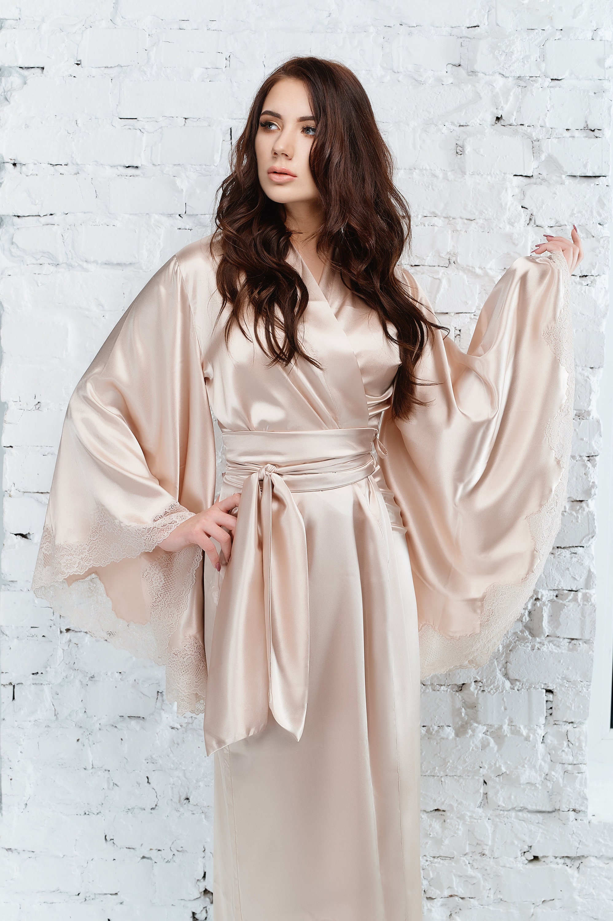 Long Beige Kimono Silk Beige Robe Plus Size Beige Robe Nude | Etsy