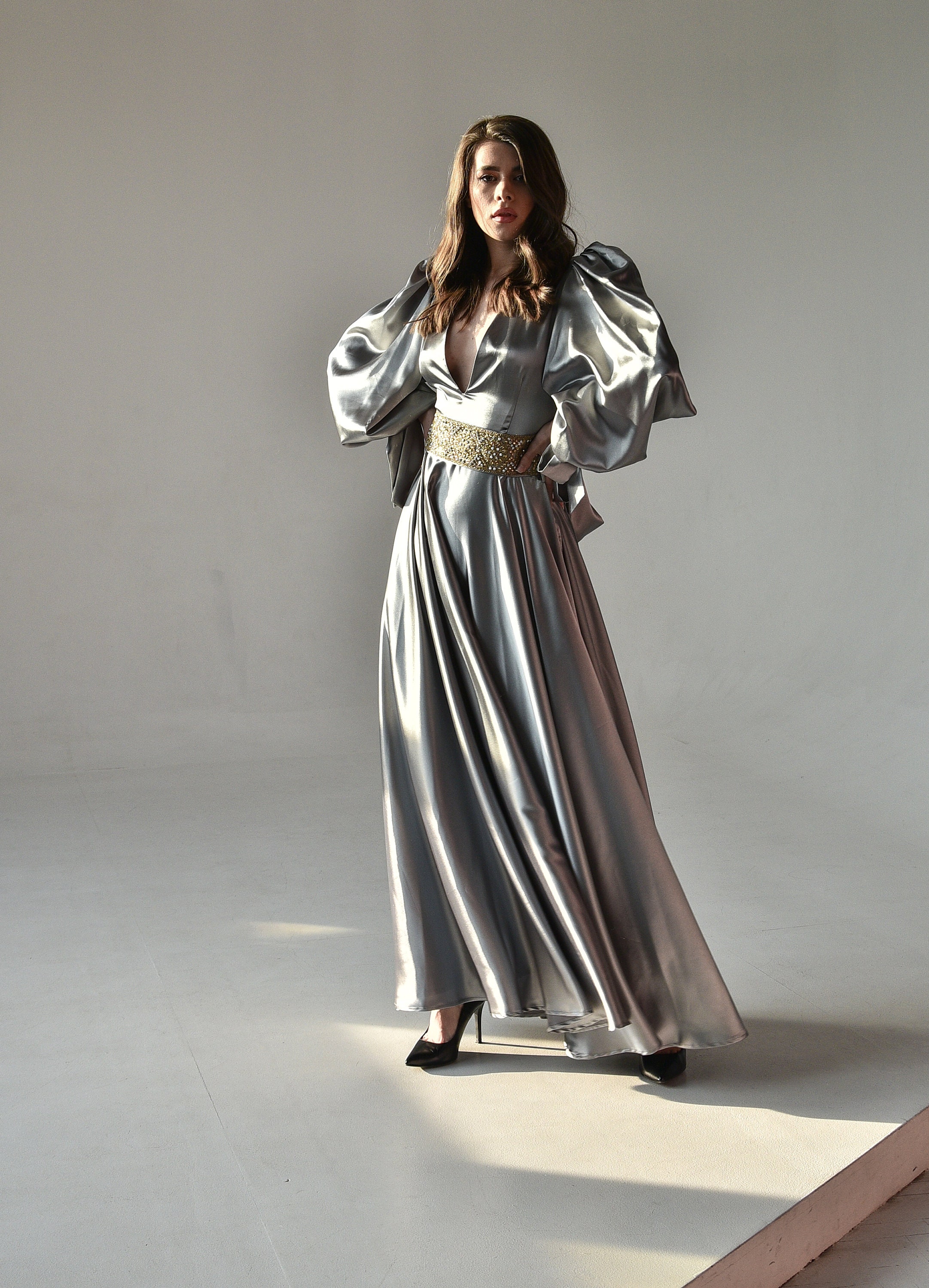 silver long sleeve bridesmaid dress