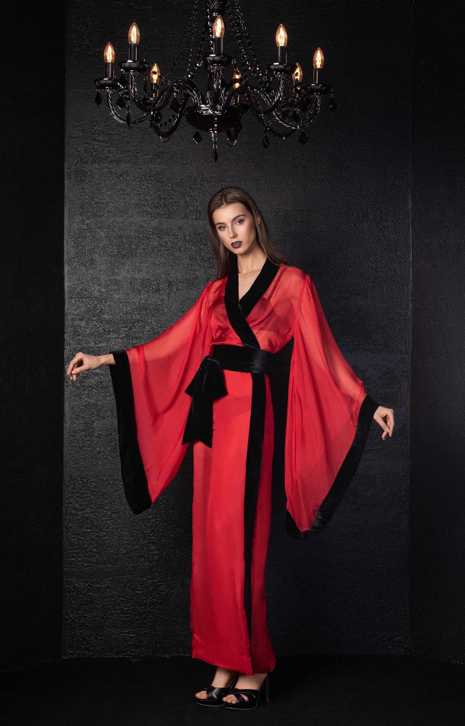 Kimono Robe Red blackRed Long KimonoKimono Black SheerRed | Etsy