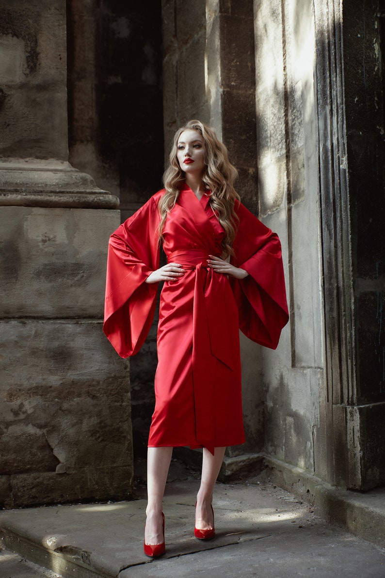 Red Satin Kimono Red Silk Kimono Mid Calf Womens Robe Mid Etsy
