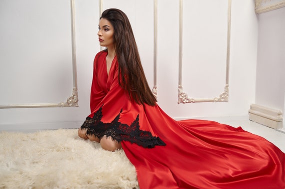 Christmas Nightgown Long Witch Dress Long Silk Satin Robe Womens Long Red Robe Silk Satin Red Robe Red Floor Length Robe Pagan Clothing