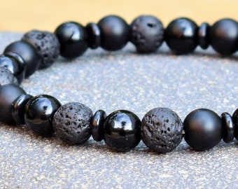 Pulseira masculina de ônix preto stretch masculina lava rock pulseira preta com contas difusor pulseira de pedra de lava difusor energia de cura calmante espiritual