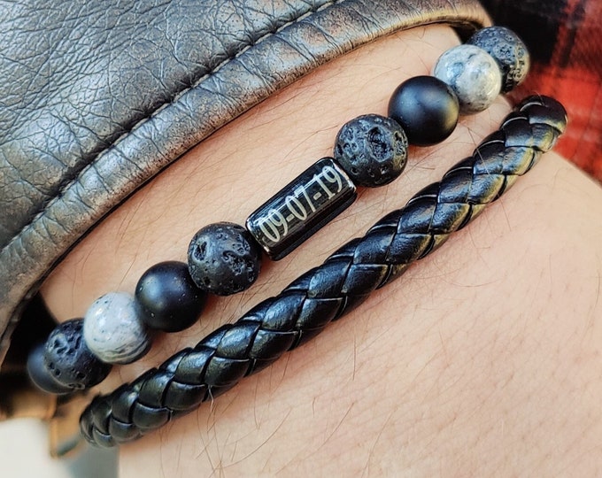 custom men's gift personalized leather braided bracelet for husband man boyfriend him dad onyx lava gray jasper bracelets anniversary gifts