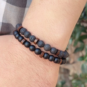 man bracelet lava onyx wood beads bracelet harmony balance healing yogi gift spiritual balance lava stone inner peace grounding men women