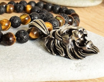 lion head necklace mens necklace lion necklace lion pendant necklace leo necklace lava necklace men tigers eye necklace bead necklace men