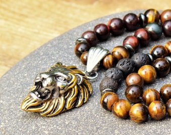 lion men's necklace bead necklace lion head necklace lion pendant mens bead necklace lava stone red tigers eye