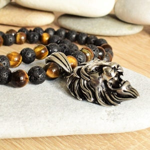 lion head necklace mens necklace lion necklace lion pendant necklace leo necklace lava necklace men tigers eye necklace bead necklace men