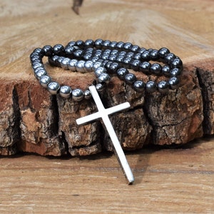 Hematite Necklace Stone Jewelry for Men/Boyfriend with Steel Cross Pendant