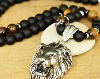 lion necklace men women animal necklace lion head necklace lion pendant leo necklace mens beaded jewelry onyx necklace tigers eye necklace