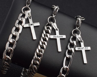 Cross Bracelet Men Chain Link Silver Stainless Steel Bracelets