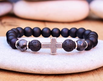 mens cross bracelet onyx lava bracelet christian bracelets men's spiritual bracelet men black bracelet unisex bracelet faith bracelet cross