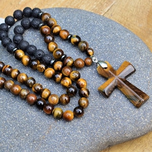 lava rock necklace lava stone tigers eye necklace cross necklace mens cross necklace tigers eye cross bead necklace cross for man mens gift