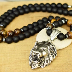 lion necklace men women animal necklace lion head necklace lion pendant leo necklace mens beaded jewelry onyx necklace tigers eye necklace