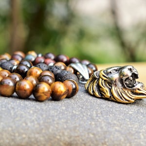 lion necklace men protection healing necklace lion head necklace lion pendant leo necklace mens bead necklace lava rock necklace tigers eye