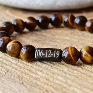 mens tiger's eye bead bracelet gemstone personalized custom name initial date bracelet men him boyfriend birthday man anniversary gift