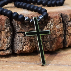 Cross Pendant Men Necklace Steel Cross Charm Black Silver Onyx Beaded Necklace 6mm