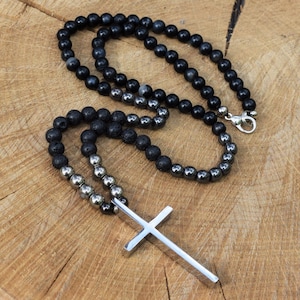 Mens Cross Necklace Lava Black Agate Mens Beaded Necklaces with Cross Pendant Unique Gift for Men/Him/Boyfriend/Husband