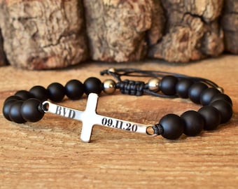 cross bracelet men women engraved personalize cross jewelry christian religious communion gift confirmation gifts bible verse bracelet black