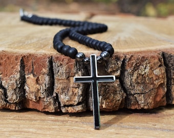 Matte Black Onyx Mens Beaded Necklace with Cross Pendant Unique Gift for Men/Him/Boyfriend/Husband