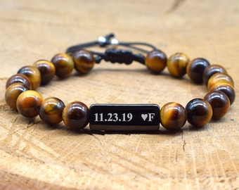 Personalized Tigers Eye Bracelet Mens Adjustable Bracelet Custom Engraved Romantic Gifts for Him Boyfriend Gift Ideas 1st 2nd anniversary