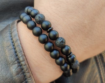 black bead bracelet men lava rock bracelet onyx natural stone jewelry strength calming healing spiritual protection anxiety stress relief