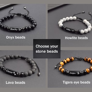 May include: Four different beaded bracelets with personalised name tags. The bracelets are made with onyx, howlite, lava, and tiger's eye beads.