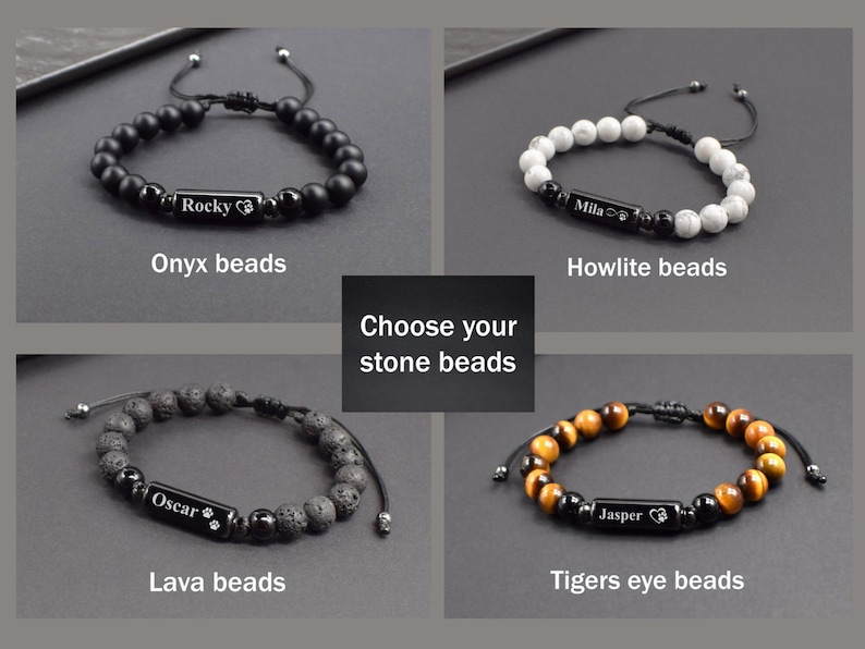 May include: Four different beaded bracelets with personalised name tags. The bracelets are made with onyx, howlite, lava, and tiger's eye beads.