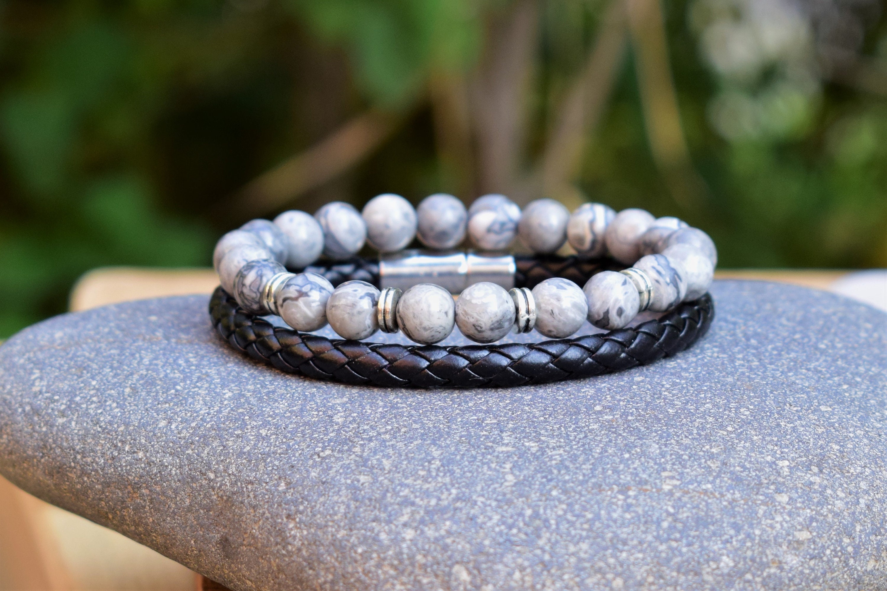 Jasper Bracelet Bead Jasper Jewelry Mens Vegan Bracelet Gray Black