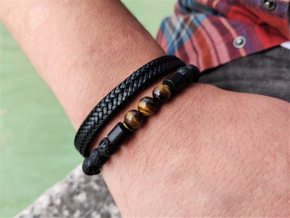 Stretech Set Bracciali Uomo In Pelle Nera Con Occhio Di Tigre E Pietra Lavica – Regolabile 18,9-26,4 Cm