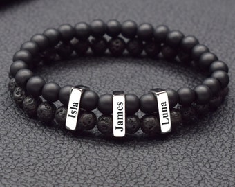 Men Engrave Bracelet Kids Name Bracelets Personalized Name Beaded Bracelet Gift for Husband Dad Father's Day Gifts Black Lava Onyx Stone 6mm