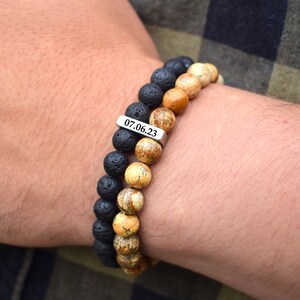 Mens Bracelet Set Beaded Tigers Eye Gemstone Stacking Bracelets Personalized Initials Name Save the Date Anniversary First Date Boyfriend