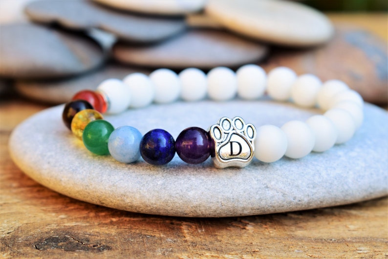 May include: A beaded bracelet featuring matte white beads and a sequence of colorful accent beads including red, orange, yellow, green, light blue, dark blue, and purple. A silver-toned metal charm shaped like a paw print with the letter D is included.