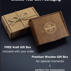 May include: A rectangular brown kraft paper gift box tied with twine and a rectangular dark brown wooden gift box with a sliding lid. The wooden box features a circular engraved logo that reads With HAND MADE Love. Text on image: Choose Your Gift Packaging.