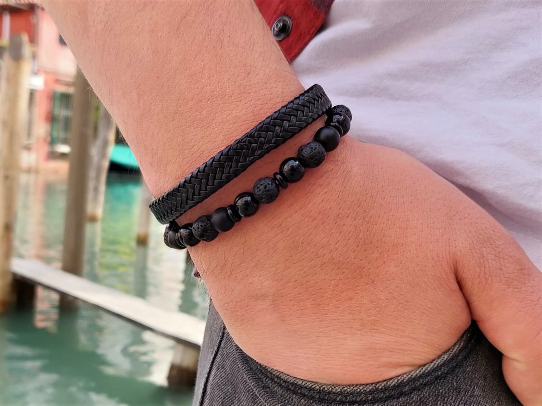 Mens Black Leather Bracelet Set Beaded Bracelet Men Braclets Gifts