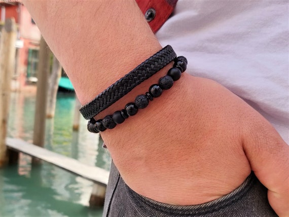 Mens Black Leather Bracelet Set Beaded Bracelet Men Braclets 