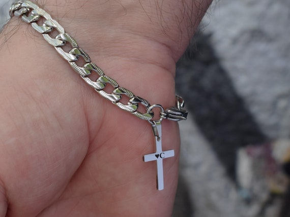 Cross Bracelet Men Chain Link Silver Stainless Steel Bracelets