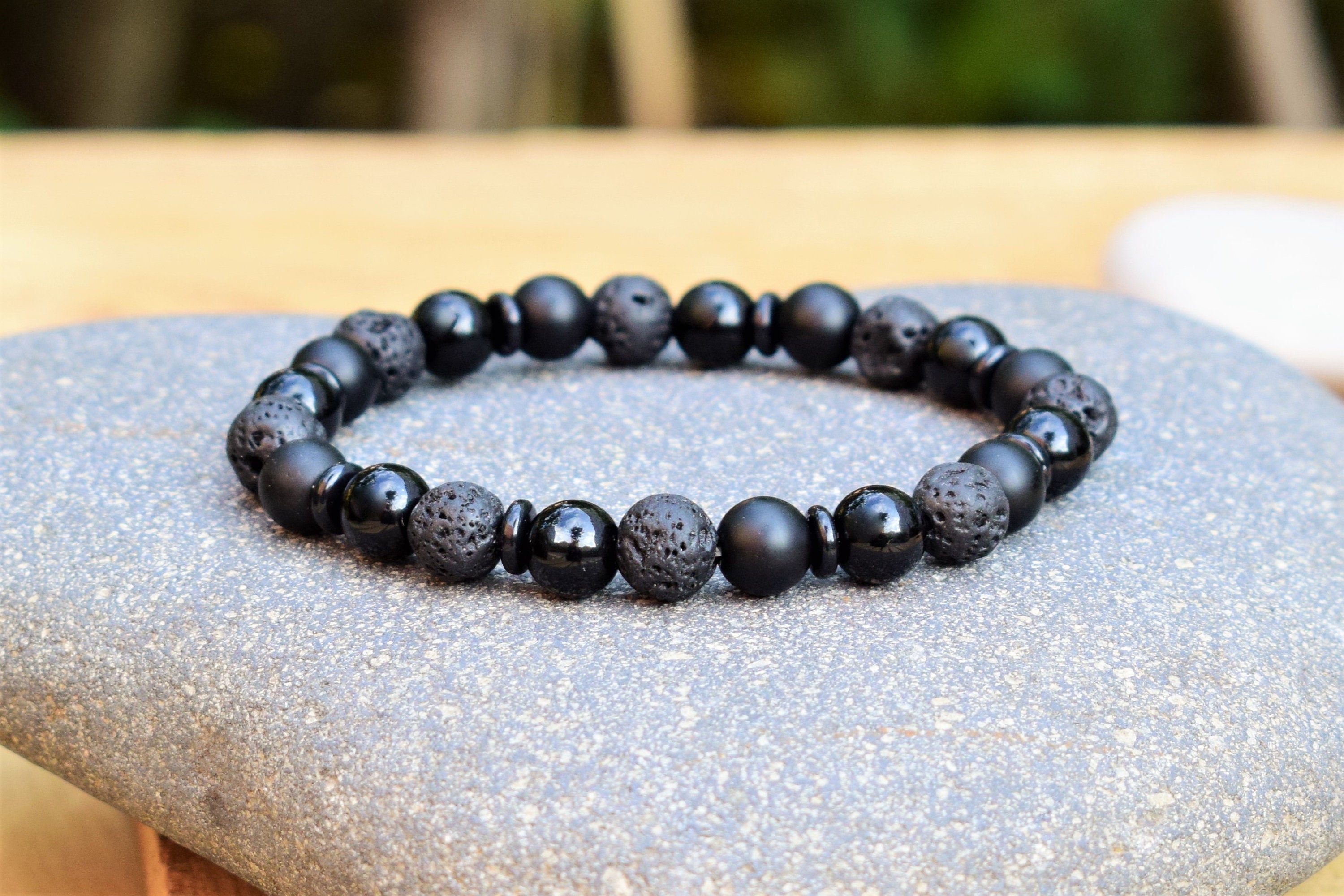 ★クール★Diesel Men's Stacked Black Lava Bead Bracelet Black Lava Natural Beaded Bracelet - Stackable, 8mm Beads