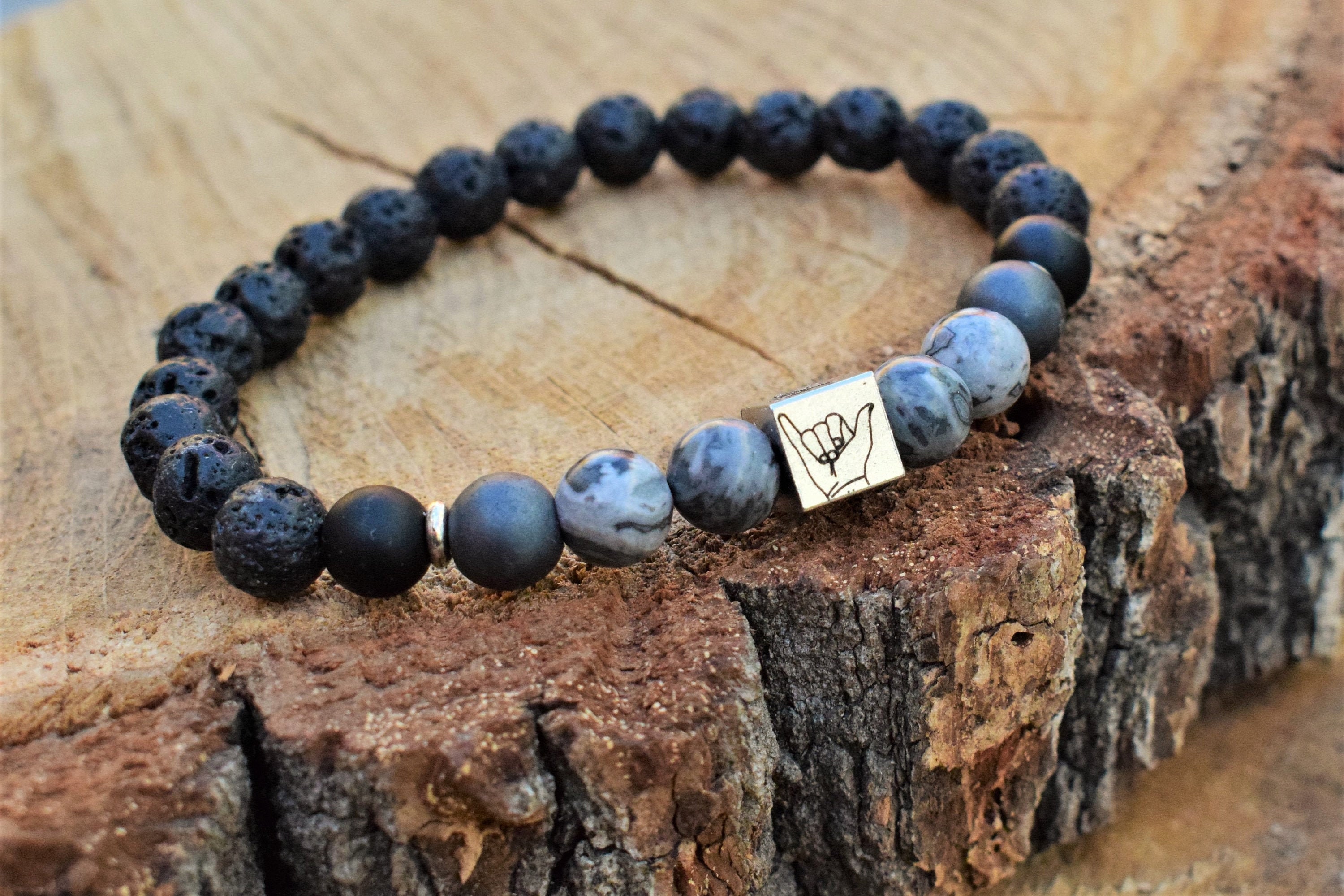 Shaka Bracelet – Hang Loose Hand Sign Charm Lava Stone Onyx