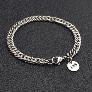 Cuban Link Chain Bracelet Men 7mm Silver Stainless Steel Bracelets Initial Name Engraved Personalized Mens Jewelry for Him / Boyfriend / Dad