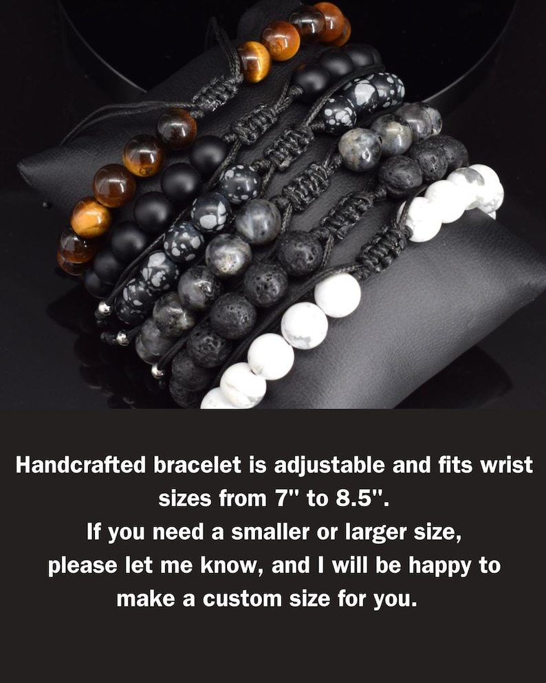 May include: A set of five adjustable bracelets featuring round beads in tiger eye, matte black, snowflake obsidian, grey, and white stone. Each bracelet uses a black cord with a sliding knot closure, fitting wrist sizes from 7 inches to 8.5 inches.