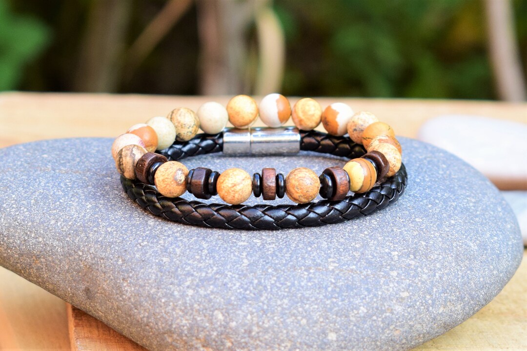 Mens Leather Cuff Bracelet Tigers Eye Bracelet Braided Leather
