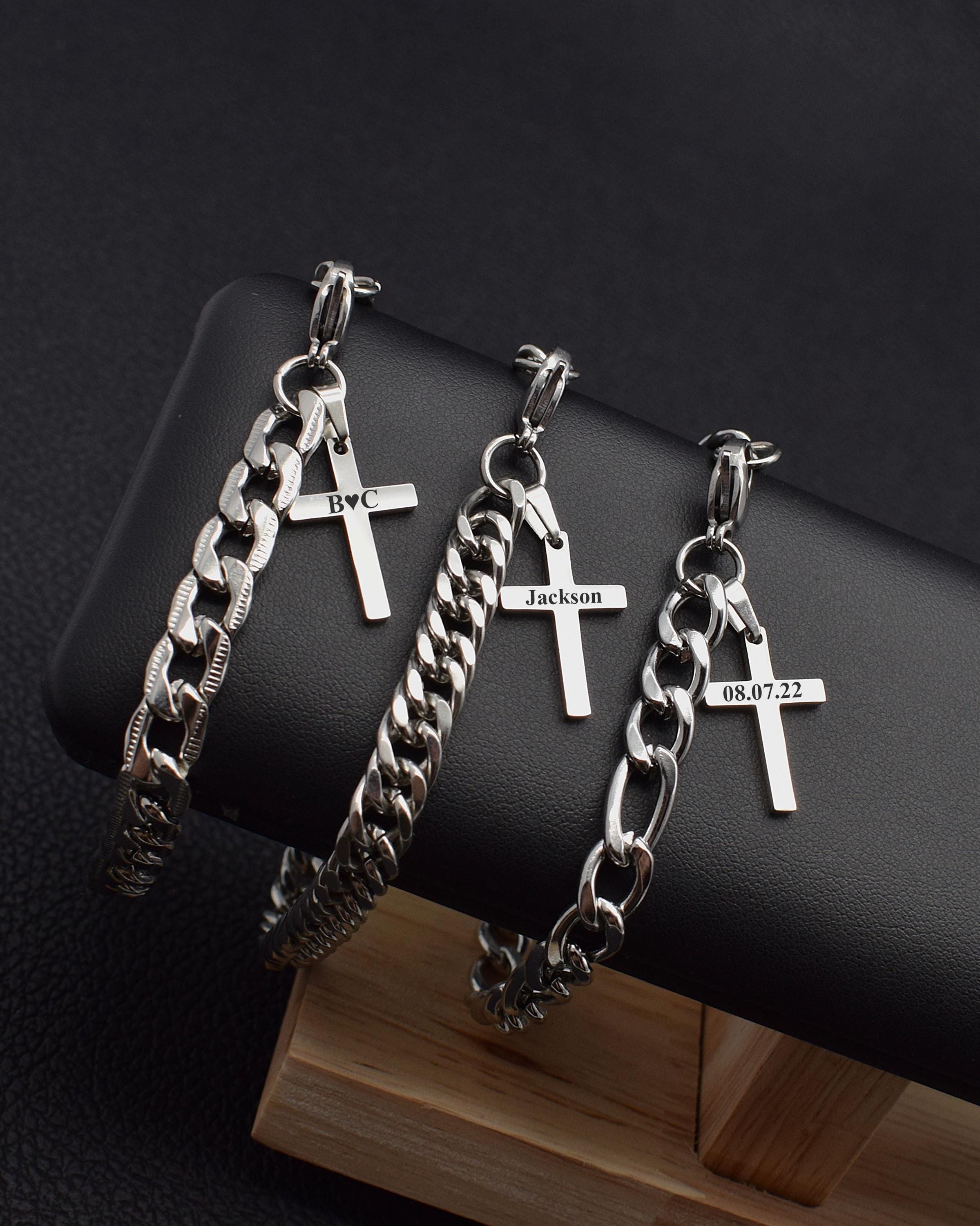 Cross Bracelet Men Chain Link Silver Stainless Steel Bracelets