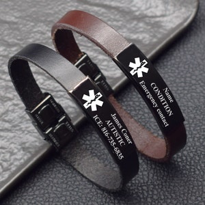 Medical id bracelet Personalized Emergency bracelet Diabetic Alzheimer Demencia Leather jewelry for men dad Type 1 diabetes alert wristband